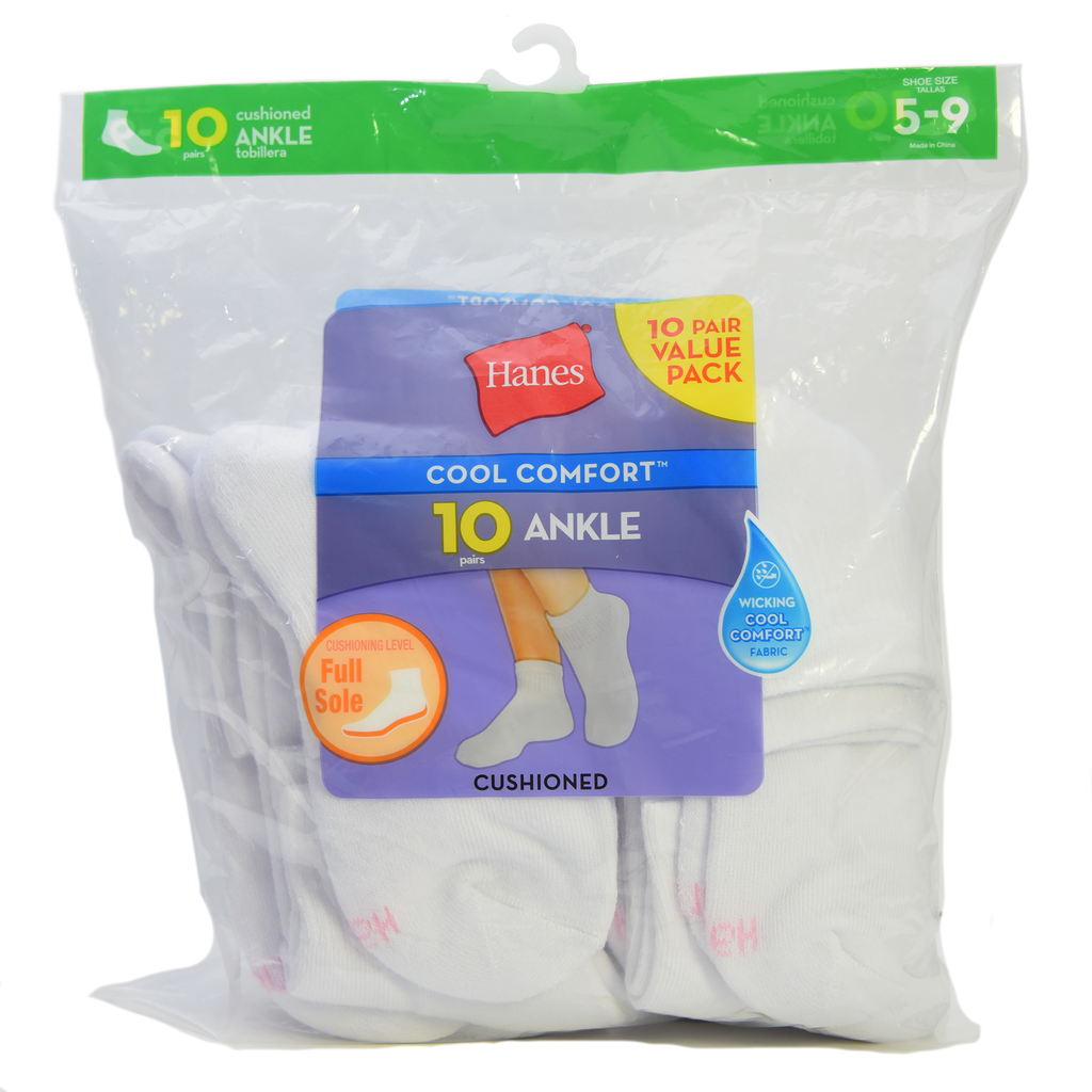 Hanes Cushioned Women's Ankle Athletic Socks 10-Pack Style 681L10