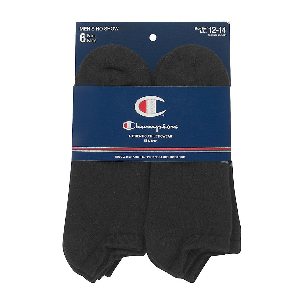 Champion Double Dry® Performance Men's Black No-Show Socks 6-Pack,Style CH608A