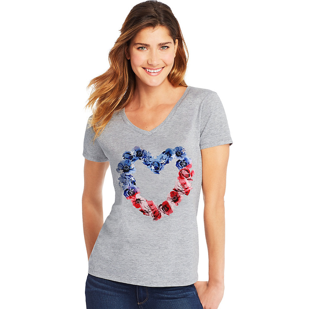 Hanes WoMen's Stars & Stripes Floral Heart Short Sleeve V-Neck Tee,Style GT9337 Y06431