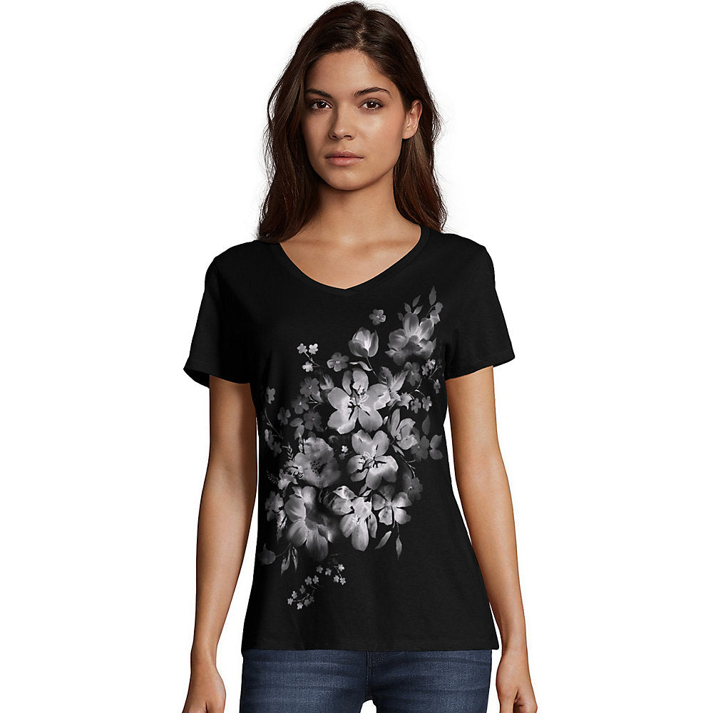 Hanes WoMen's Bleach Floral Cascade Short-Sleeve V-Neck Graphic T-Shirt, Style GT9337Y06598