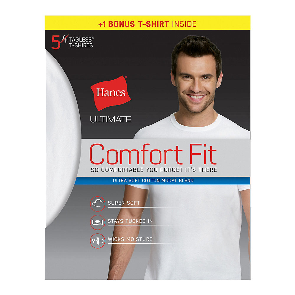 Hanes Ultimate Men's Comfort Fit White Crewneck Undershirt 5-Pack (4 + 1 Free Bonus Pack), Style UFT15W