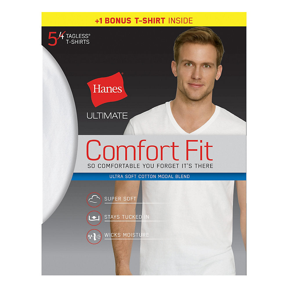 Hanes Ultimate Men's Comfort Fit White V-Neck Undershirt 5-Pack (4 + 1 Free Bonus Pack), Style UFT25W